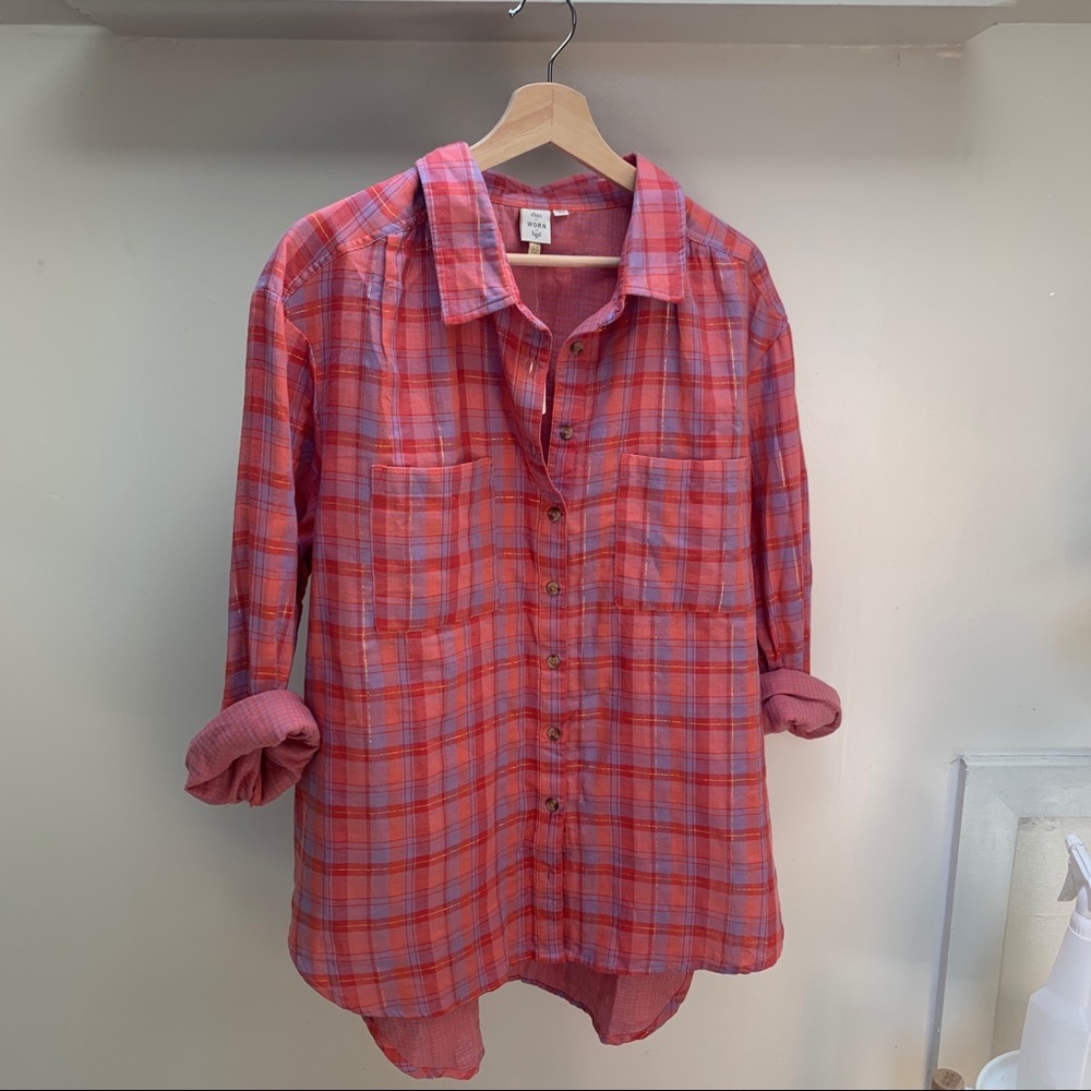 Anthropologie • Coral Plaid Button Down